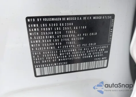 2020 Volkswagen Tiguan 2.0T Se/2.0T Se R-Line Black/2.0T Sel from USA, damaged, VIN 3VV3B7AX4LM145282